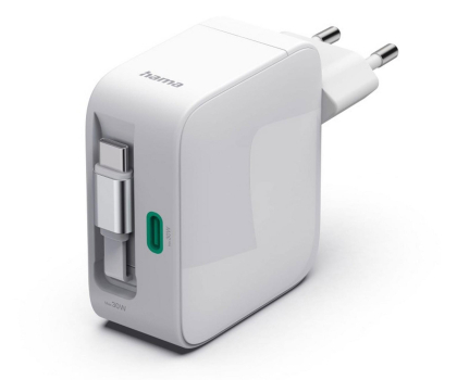 Ładowarka i akumulator Hama ŁADOWARKA GAN 30W Z ZWIJANYM KABLEM 2 USB-C BIAŁA